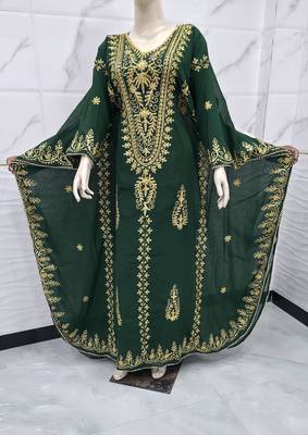 Royal Emerald Green Moroccan Kaftan Dress with Heavy Gold Embroidery & Elegant 3