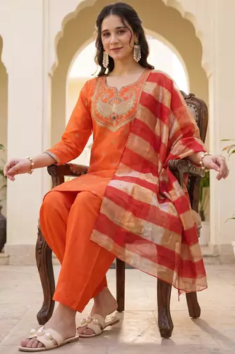 Orange printed & embroidered viscose silk patiala salwar suit set with dupatta