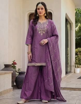 Onion embroidered gold silk straight sharara salwar suit set with foule print dupatta 1