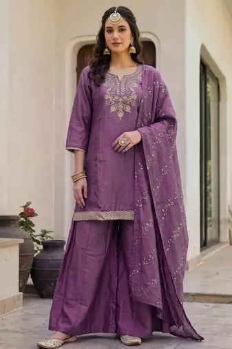 Onion embroidered gold silk straight sharara salwar suit set with foule print dupatta