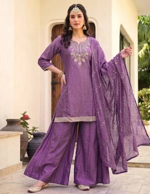 Onion embroidered gold silk straight sharara salwar suit set with foule print dupatta 2