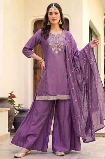 Onion embroidered gold silk straight sharara salwar suit set with foule print dupatta