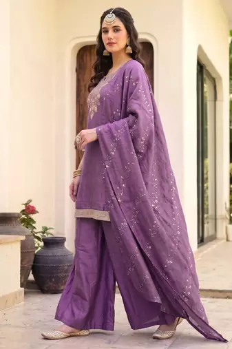 Onion embroidered gold silk straight sharara salwar suit set with foule print dupatta