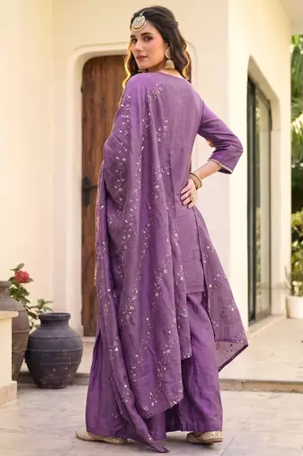 Onion embroidered gold silk straight sharara salwar suit set with foule print dupatta