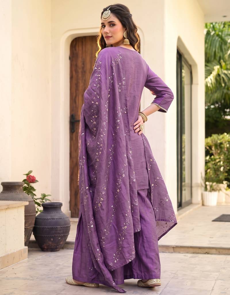 Onion embroidered gold silk straight sharara salwar suit set with foule print dupatta