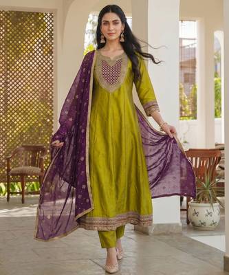 Liril embroidered vichitra silk anarkali salwar suit set with printed dupatta 1