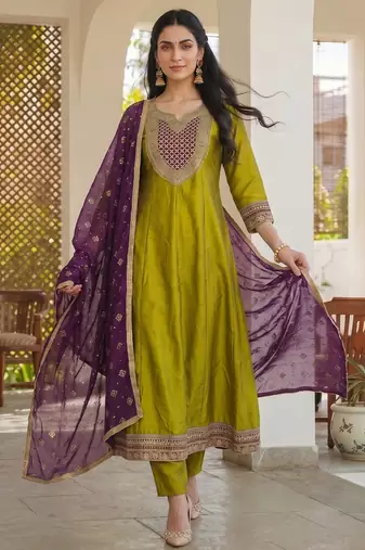 Liril embroidered vichitra silk anarkali salwar suit set with printed dupatta