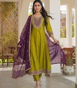 Liril embroidered vichitra silk anarkali salwar suit set with printed dupatta