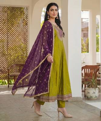 Liril embroidered vichitra silk anarkali salwar suit set with printed dupatta 2