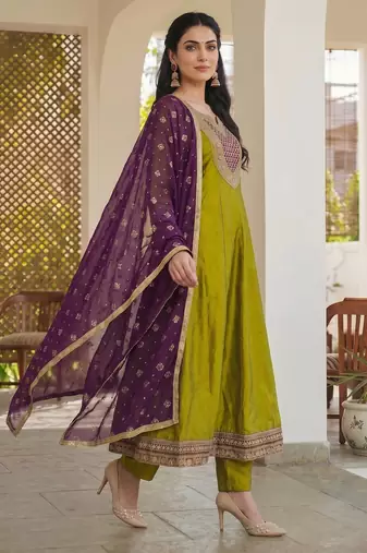 Liril embroidered vichitra silk anarkali salwar suit set with printed dupatta