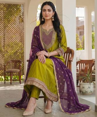 Liril embroidered vichitra silk anarkali salwar suit set with printed dupatta 3