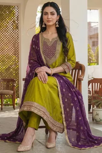 Liril embroidered vichitra silk anarkali salwar suit set with printed dupatta