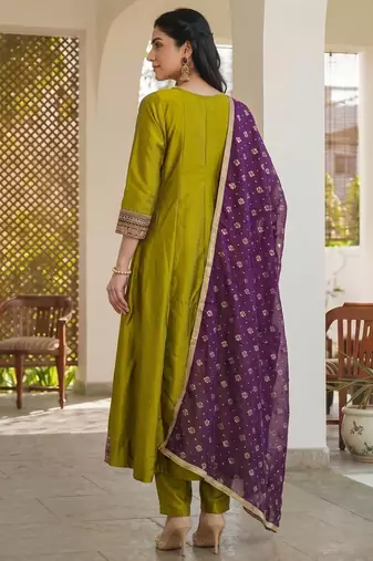 Liril embroidered vichitra silk anarkali salwar suit set with printed dupatta