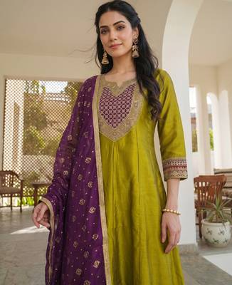 Liril embroidered vichitra silk anarkali salwar suit set with printed dupatta 5
