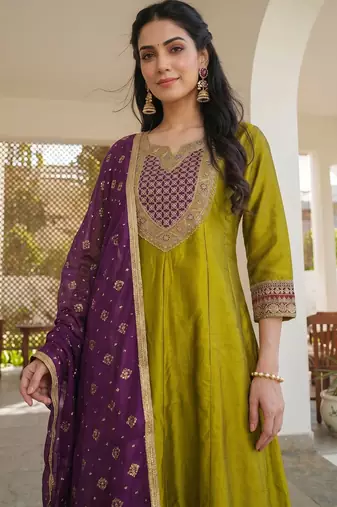 Liril embroidered vichitra silk anarkali salwar suit set with printed dupatta