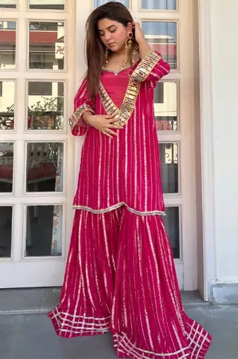 Rani embroidered viscose zari kurta set with real kutch mirror work & sharara