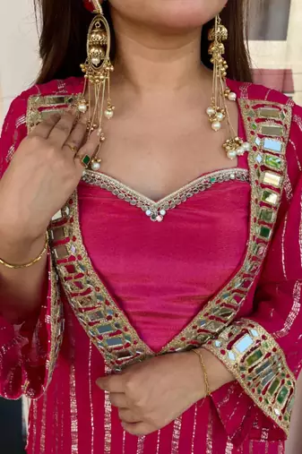 Rani embroidered viscose zari kurta set with real kutch mirror work & sharara