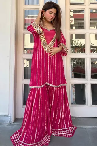 Rani embroidered viscose zari kurta set with real kutch mirror work & sharara