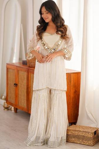 White embroidered viscose zari kurta set with real kutch mirror work & sharara