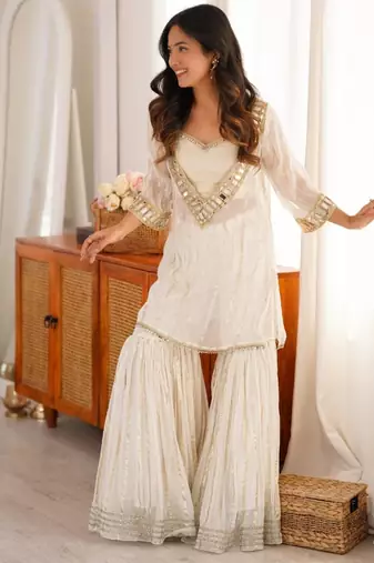 White embroidered viscose zari kurta set with real kutch mirror work & sharara