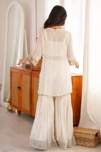 White embroidered viscose zari kurta set with real kutch mirror work & sharara