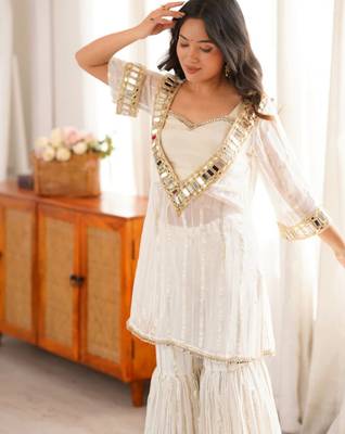 White embroidered viscose zari kurta set with real kutch mirror work & sharara 4