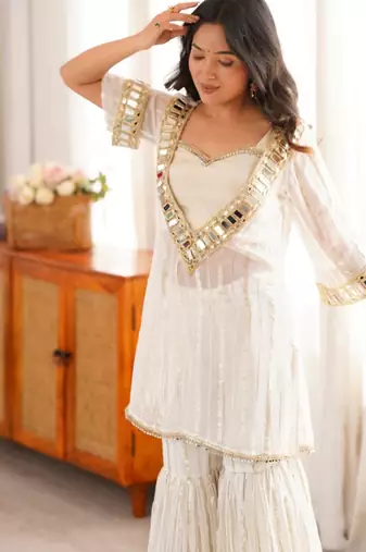 White embroidered viscose zari kurta set with real kutch mirror work & sharara