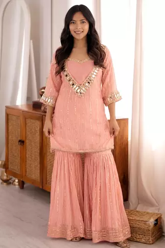 Peach embroidered viscose zari kurta set with real kutch mirror work & sharara