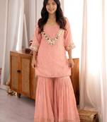 Peach embroidered viscose zari kurta set with real kutch mirror work & sharara