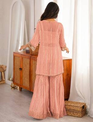 Peach embroidered viscose zari kurta set with real kutch mirror work & sharara 4