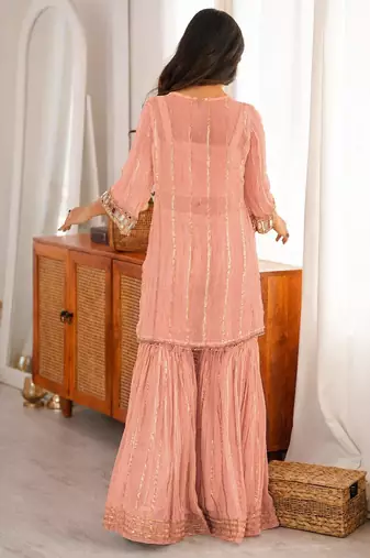 Peach embroidered viscose zari kurta set with real kutch mirror work & sharara