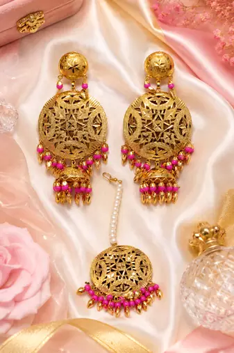 Golden Leaf Dangler Jhumka Tikka Set