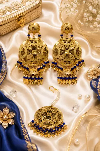 Golden leaf jhumka maang tikka set