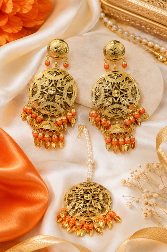 Golden leaf jhumka royale tikka set