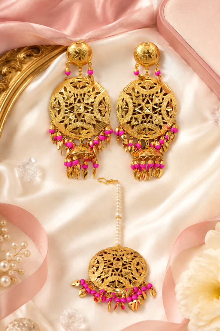 Golden Leaf Dangler Jhumka Tikka Set
