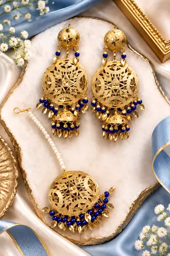 Golden leaf jhumka maang tikka set