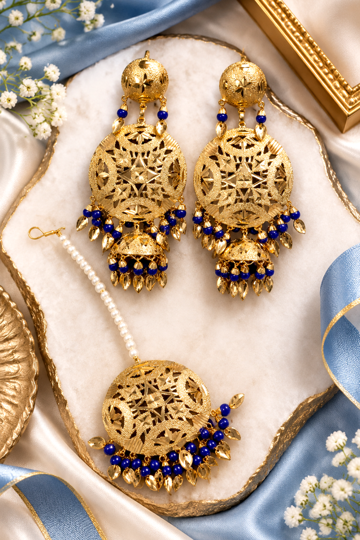 Golden leaf jhumka maang tikka set