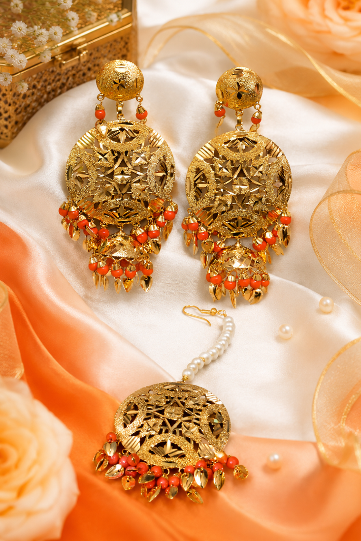 Golden leaf jhumka royale tikka set
