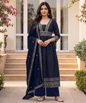 Navy vichitra silk sequinned embroidered flared suit set with vichitra silk dupatta 3