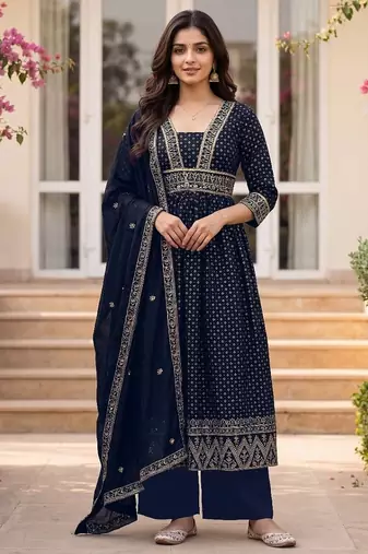 Navy vichitra silk sequinned embroidered flared suit set with vichitra silk dupatta