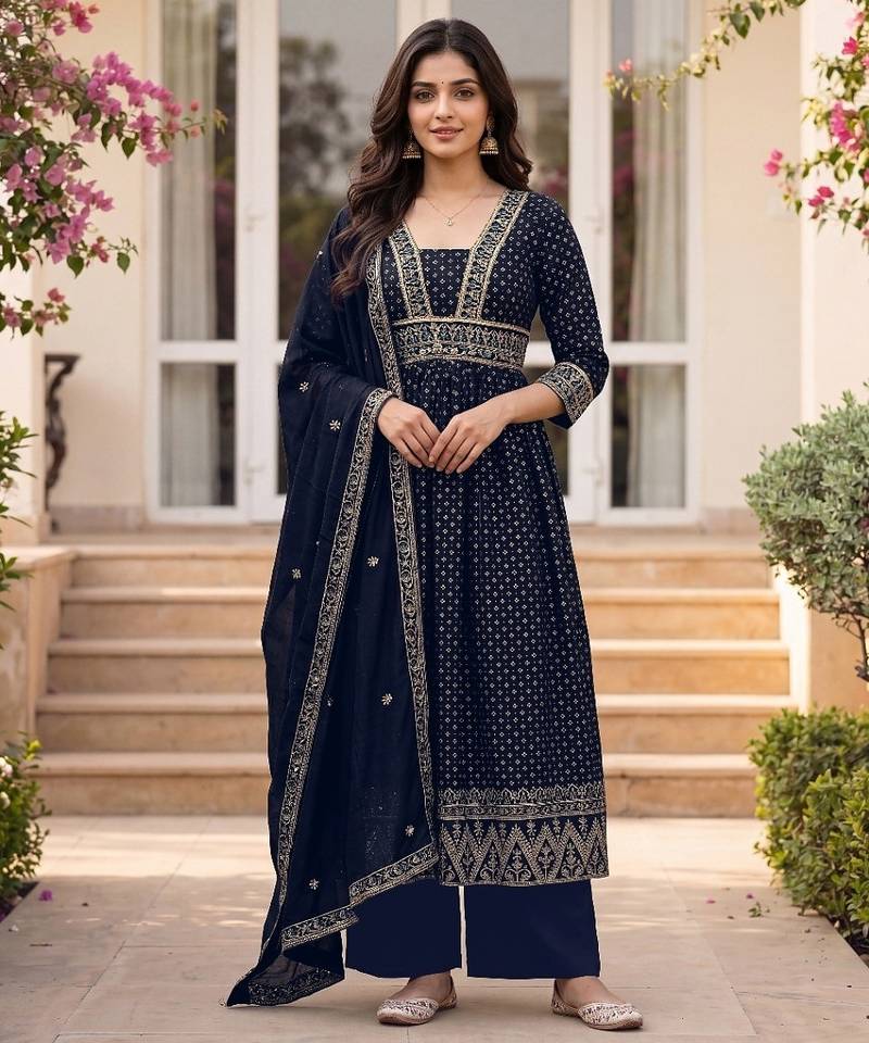 Navy vichitra silk sequinned embroidered flared suit set with vichitra silk dupatta