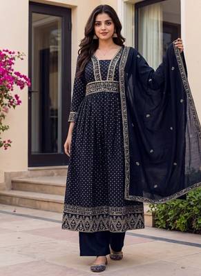 Navy vichitra silk sequinned embroidered flared suit set with vichitra silk dupatta 1