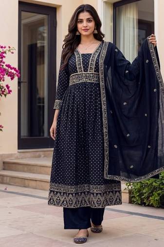 Navy vichitra silk sequinned embroidered flared suit set with vichitra silk dupatta