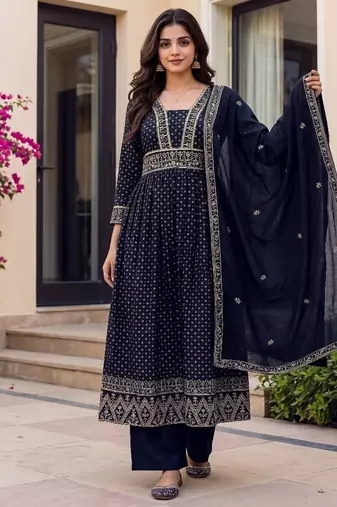 Navy vichitra silk sequinned embroidered flared suit set with vichitra silk dupatta