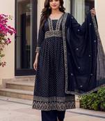Navy vichitra silk sequinned embroidered flared suit set with vichitra silk dupatta