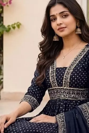 Navy vichitra silk sequinned embroidered flared suit set with vichitra silk dupatta