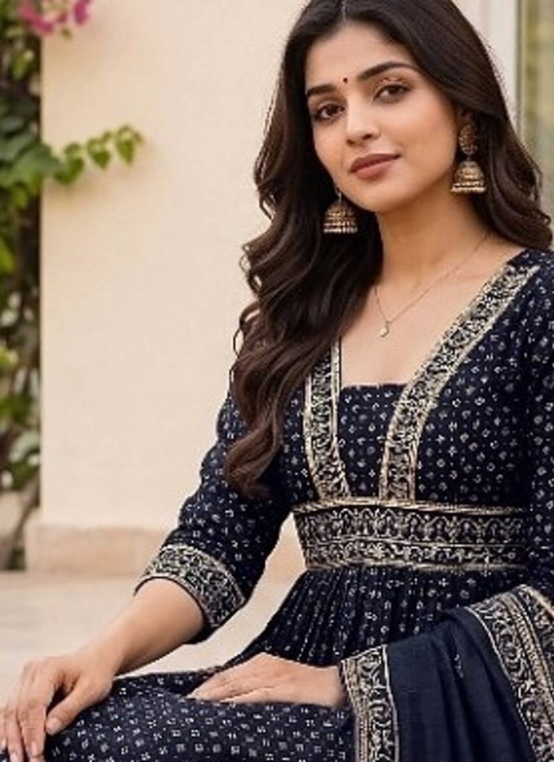 Navy vichitra silk sequinned embroidered flared suit set with vichitra silk dupatta