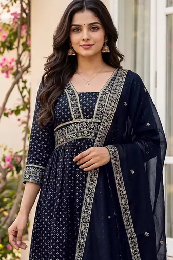 Navy vichitra silk sequinned embroidered flared suit set with vichitra silk dupatta