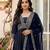 Navy vichitra silk sequinned embroidered flared suit set with vichitra silk dupatta
