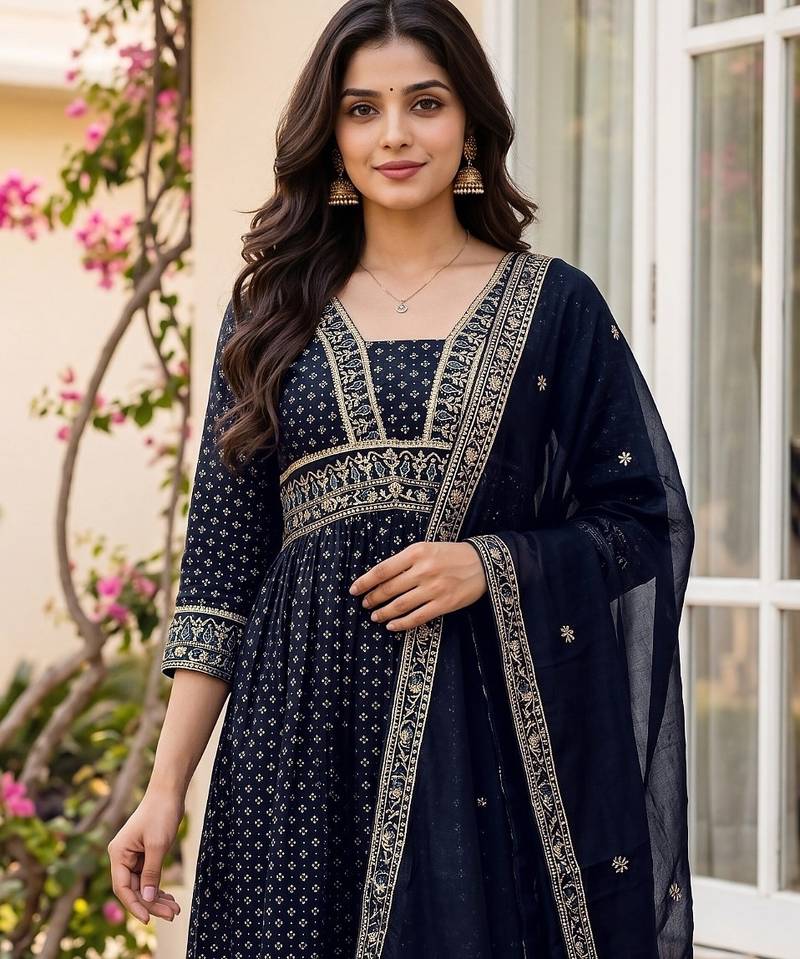 Navy vichitra silk sequinned embroidered flared suit set with vichitra silk dupatta